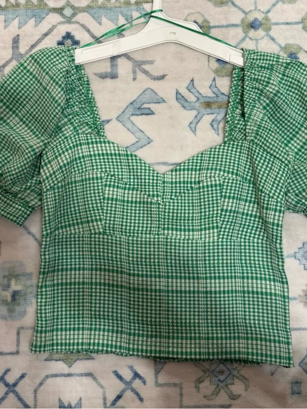 TCEC Green Gingham Square-Neck Puff Sleeve Crop Top